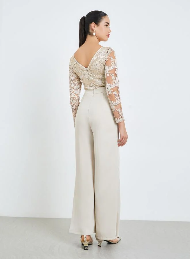 Styli  Women Lace Overlay Wide Leg Evening Jumpsuit for Women | Best Price UAE